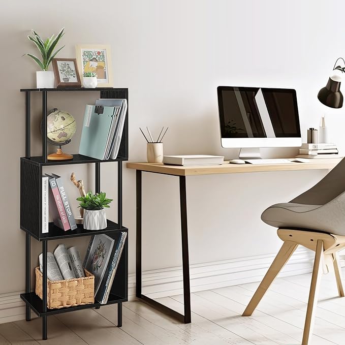 ETELI Small Bookshelf Unique S Shaped 4 Shelf Bookcase Free Standing Industrial Book Storage Shelves for Living Room, Bedroom, and Home Office, Rustic Book Organizer & Metal Frame - LeafyLoom