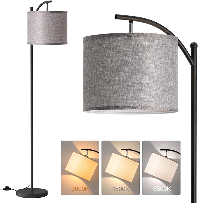 addlon Floor Lamp for Living Room with 3 Color Temperatures, Standing lamp with Linen lampshade for Bedroom, Office, Lamps with 9W LED Bulb Included - Black with Gray Lampshade - LeafyLoom