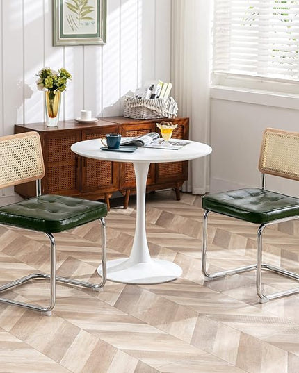 Zesthouse Mid-Century Modern Dining Chairs, Upholstered Tufted Faux Leather Accent Chairs Rattan Dining Chairs Set of 2, Armless Mesh Back Cane Chairs with Metal Chrome Legs, Green - LeafyLoom