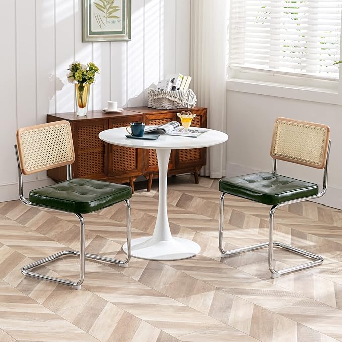 Zesthouse Mid-Century Modern Dining Chairs, Upholstered Tufted Faux Leather Accent Chairs Rattan Dining Chairs Set of 2, Armless Mesh Back Cane Chairs with Metal Chrome Legs, Green - LeafyLoom