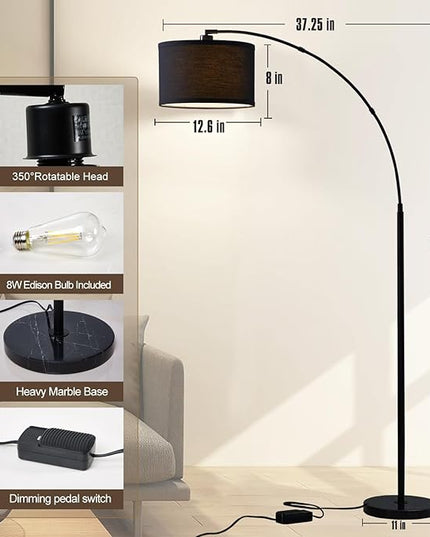Arc floor lamps for living room, Dimmable Floor Lamp with Adjustable Head, Black Finish Modern Floor Lamp, Over Couch Tall Standing Hanging Light for Reading, Bedroom, Office, 8W LED Bulb Include - LeafyLoom
