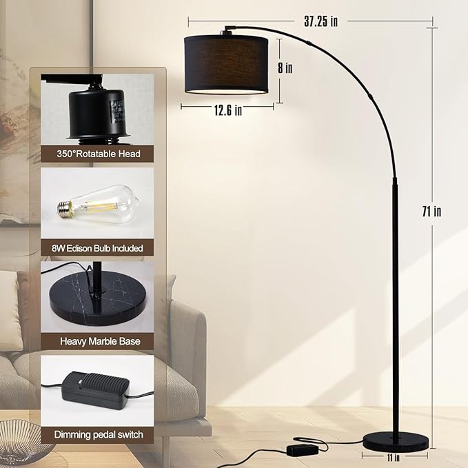Arc floor lamps for living room, Dimmable Floor Lamp with Adjustable Head, Black Finish Modern Floor Lamp, Over Couch Tall Standing Hanging Light for Reading, Bedroom, Office, 8W LED Bulb Include - LeafyLoom