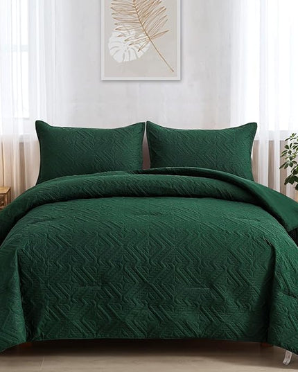 WONGS BEDDING Emerald Green Comforter Set Queen Size(90“×90”), Boho Geometric Textured Bedding Comforter Sets - 3 Pieces Reversible Soft Microfiber Ultrasonic Bedding with 2 Pillowcases - LeafyLoom
