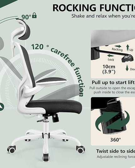 FelixKing Office Chair with Headrest, Home Office Desk Chairs with Flip-Up Armrests, Adjustable Height Ergonomic Office Chair Lumbar Support, Mesh Backrest Computer Chair (White) - LeafyLoom