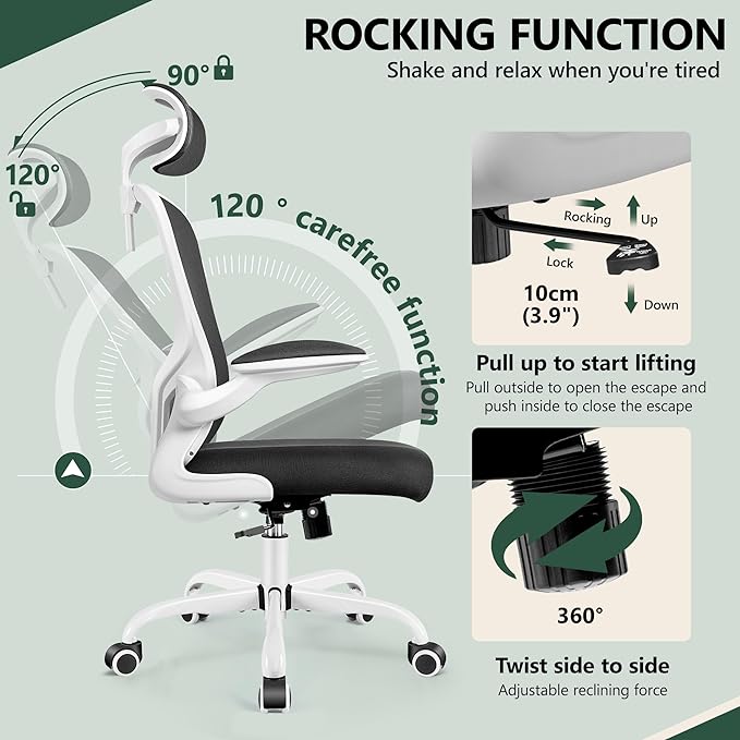 FelixKing Office Chair with Headrest, Home Office Desk Chairs with Flip-Up Armrests, Adjustable Height Ergonomic Office Chair Lumbar Support, Mesh Backrest Computer Chair (White) - LeafyLoom
