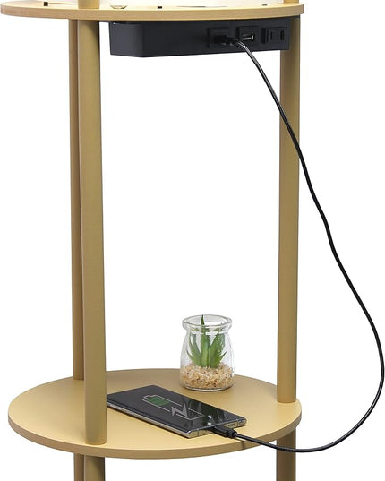 Simple Designs LF2010-TAN 62.5" Round Modern Shelf Etagere Organizer Storage Floor Lamp with 2 USB Charging Ports, 1 Charging Outlet and Linen Shade for Living Room Bedroom Office, Tan - LeafyLoom