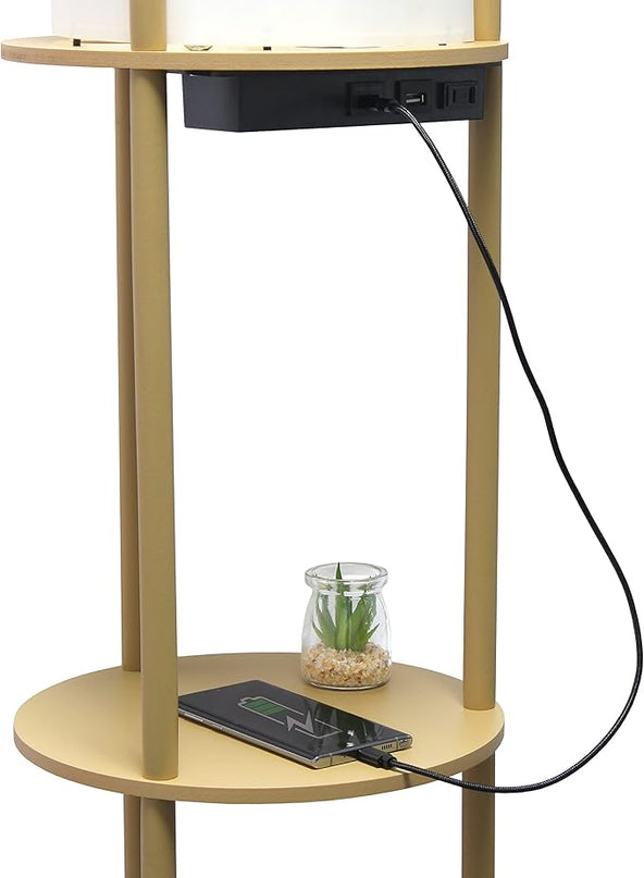 Simple Designs LF2010-TAN 62.5" Round Modern Shelf Etagere Organizer Storage Floor Lamp with 2 USB Charging Ports, 1 Charging Outlet and Linen Shade for Living Room Bedroom Office, Tan - LeafyLoom