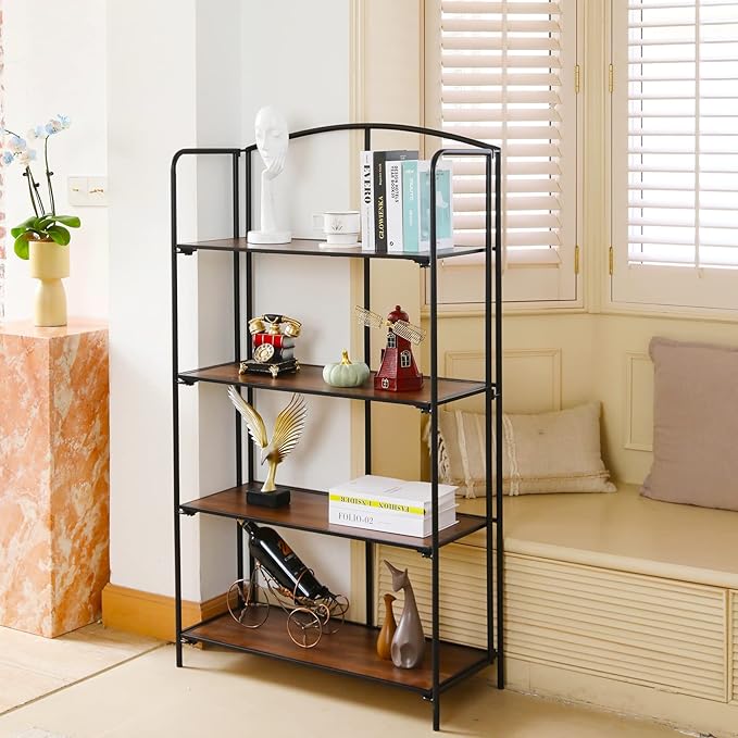 No Assembly Folding Bookshelf, 4 Tier Black Bookshelf, Metal Book Shelf for Storage, Folding Bookcase for Office Organization and Storage, 12.87" D x 30.9" W x 55.71" H - LeafyLoom