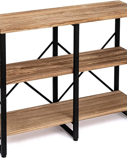 3 Tier Solid Real Wood Bookshelf Rustic Industrial Style, Wooden Storage Shelves Etagere Bookcase Book Shelf Display Shelf for Home Office - LeafyLoom