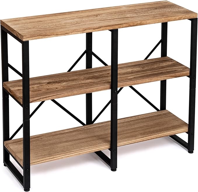 3 Tier Solid Real Wood Bookshelf Rustic Industrial Style, Wooden Storage Shelves Etagere Bookcase Book Shelf Display Shelf for Home Office - LeafyLoom