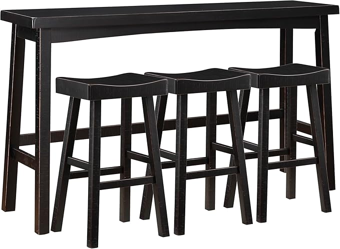Lexicon Bar Table Set for 3, Small Kitchen table set Kitchen Island Table with 3 Saddle Bar Stools, 4 Piece Dining Table Set for Breakfast Nook, Living Room, Apartment, Pub Height, Black - LeafyLoom