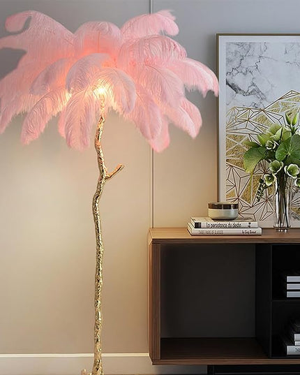 Romantic Feather Floor Lamp Modern Luxury Resin Ostrich Feather LED Lamp Living Room Bedroom Corner Decoration Floor Lamp Pink - LeafyLoom