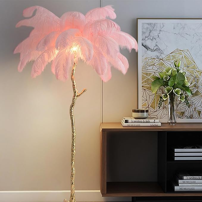 Romantic Feather Floor Lamp Modern Luxury Resin Ostrich Feather LED Lamp Living Room Bedroom Corner Decoration Floor Lamp Pink - LeafyLoom