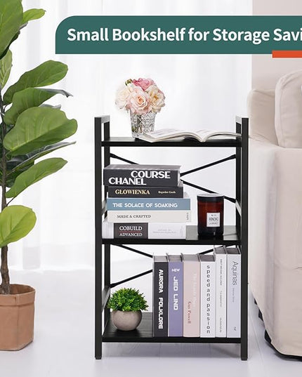 Yoobure Bookshelf Small Book Shelf, Solid Industrial 3 Tier Shelf Bookcase, Short Book Case for Bedroom, Living Room, Office Home, Small Spaces, Black - LeafyLoom