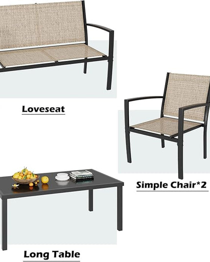Greesum 4 Pieces Patio Furniture Set, Outdoor Conversation Sets for Patio, Lawn, Garden, Poolside with A Glass Coffee Table, Beige - LeafyLoom