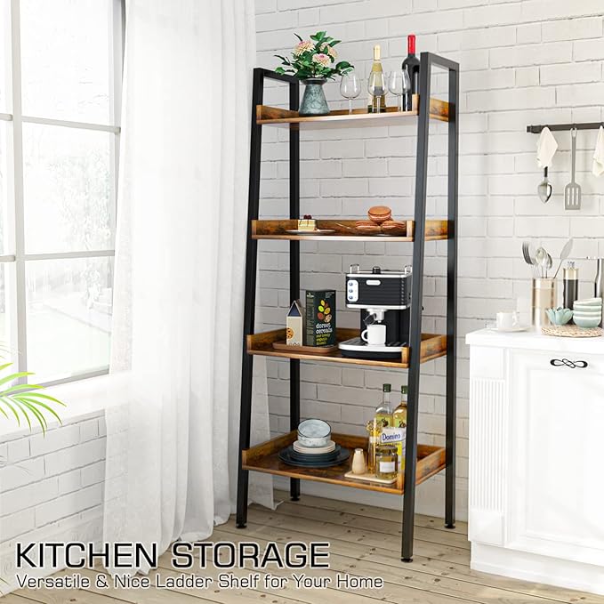 ASTARTH 4 Tier Bookshelves Ladder Bookshelf w/Open Shelf for Storage, Ladder Shelf & Bookcases for Bedroom, Living Room, Kitchen, Small Space-56.7'' H, Easy Assembly, Rustic Brown - LeafyLoom