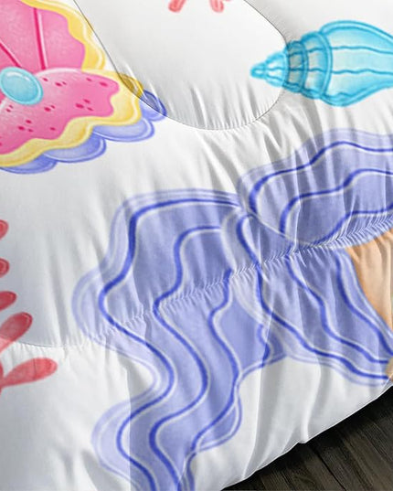 Mermaid Comforter Set Queen Size Fairy Tale Sea Shell Grass Bedding Set Starfish Quilt Bed Set for Kid Girls with 1 Comforter and 2 Pillowcases - LeafyLoom