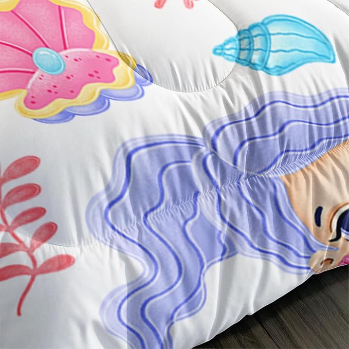Mermaid Comforter Set Queen Size Fairy Tale Sea Shell Grass Bedding Set Starfish Quilt Bed Set for Kid Girls with 1 Comforter and 2 Pillowcases - LeafyLoom