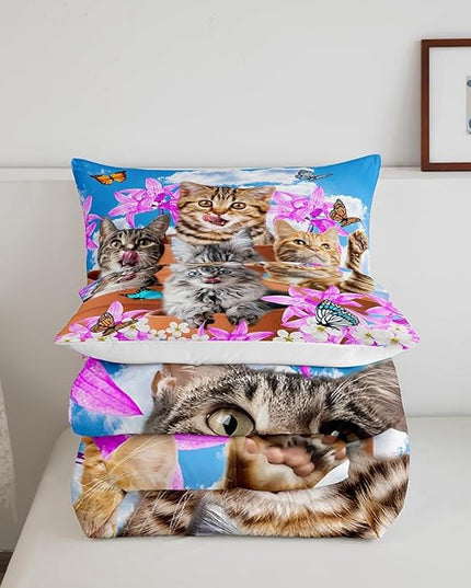 Kids Cute Cat Bedding Set Cartoon Pet Cats Kittens Comforter Set Cat Lovers Animal Themed Comforter for Boys Girls Purple Floral Butterflies Print Down Alternative Comforter Room Decor Twin Size - LeafyLoom