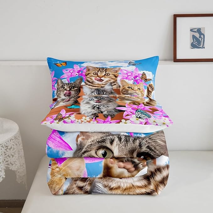 Kids Cute Cat Bedding Set Cartoon Pet Cats Kittens Comforter Set Cat Lovers Animal Themed Comforter for Boys Girls Purple Floral Butterflies Print Down Alternative Comforter Room Decor Twin Size - LeafyLoom
