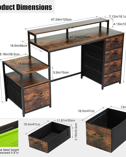 TOPSKY Compact Computer Desk with Storage Shelf/Cloth File Drawer for Letter Size/Monitor Stand Study Table for Home Office (Rustic Brown, 61.6 inch) - LeafyLoom