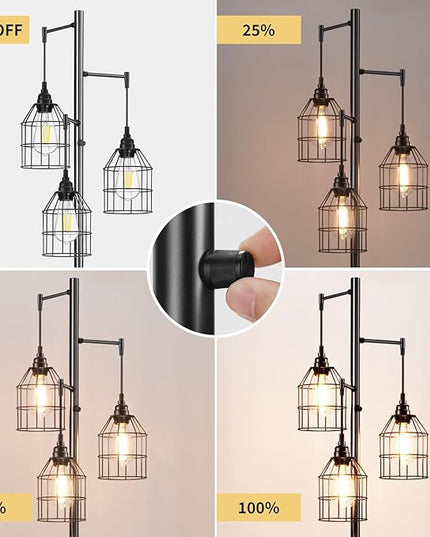70" Dimmable Floor Lamp for Living Room, Industrial 3-light Tree Floor Lamp Black with Cages, Farmhouse Rustic Tall Standing Lamp Floor Lighting for Bedroom Office, 3 Free LED Edison Bulbs - LeafyLoom