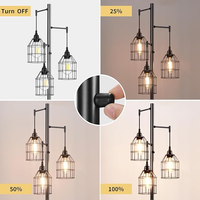 70" Dimmable Floor Lamp for Living Room, Industrial 3-light Tree Floor Lamp Black with Cages, Farmhouse Rustic Tall Standing Lamp Floor Lighting for Bedroom Office, 3 Free LED Edison Bulbs - LeafyLoom