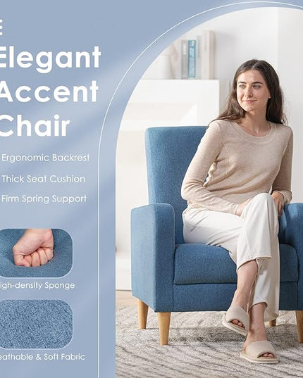 COLAMY Modern Upholstered Accent Chair Armchair with Pillow, Fabric Reading Living Room Side Chair,Single Sofa with Lounge Seat and Wood Legs, Blue - LeafyLoom
