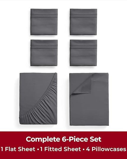 Mellanni Queen Sheets Set - 6 PC Iconic Collection Bedding Sheets & Pillowcases - Hotel Luxury, Ultra Soft, Cooling Bed Sheets - Deep Pocket up to 16 inch - 6 PC (Queen, Gray w/Extra Pillow Cases) - LeafyLoom