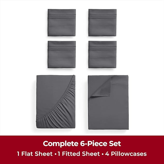 Mellanni California King Sheets Set - 6 PC Iconic Collection Bedding Sheets & Pillowcases - Ultra Soft, Cooling Bed Sheets - Deep Pocket up to 16 inch - 6 PC (Cal King, Gray w/Extra Pillow Cases) - LeafyLoom
