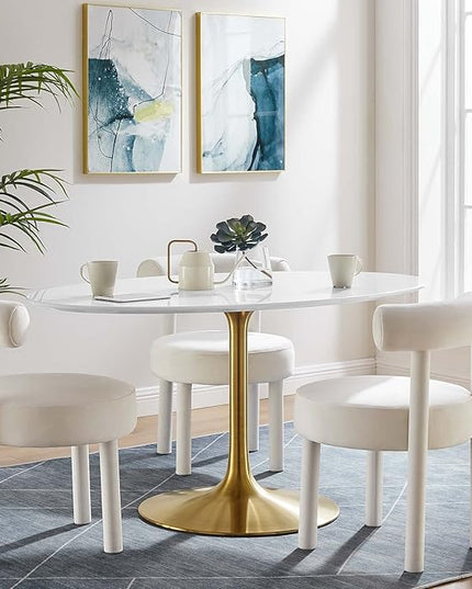 Modway Lippa 60" Oval-Shaped Mid-Century Modern Dining Table with White Wood Top and Gold Base - LeafyLoom