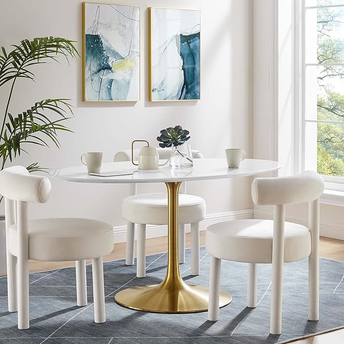 Modway Lippa 60" Oval-Shaped Mid-Century Modern Dining Table with White Wood Top and Gold Base - LeafyLoom