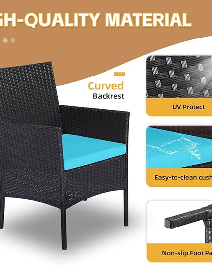 Patio Furniture Set 3 Pieces All-Weather Rattan Outdoor Furniture Patio Chairs with Tempered Glass Table for Porch Bistro Balcony Bistro Set(Black/Blue) - LeafyLoom