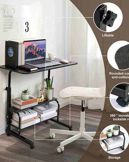 Adjustable Height Mobile Computer Desk for Small Space Rolling Desk with Wheels Desk Home Office Study Desk Portable for Bedrooms Work Desk Size 31.5x15.7 Inch Black with Storage Gaming Table B - LeafyLoom