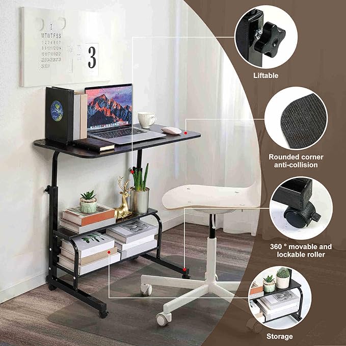 Adjustable Height Mobile Computer Desk for Small Space Rolling Desk with Wheels Desk Home Office Study Desk Portable for Bedrooms Work Desk Size 31.5x15.7 Inch Black with Storage Gaming Table B - LeafyLoom