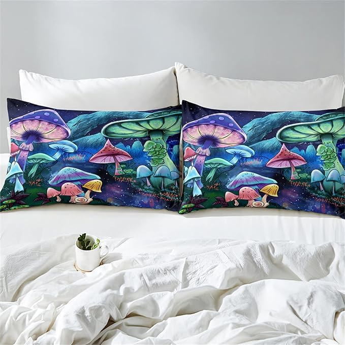 Cartoon Mushroom Bedding Set, Queen Size 3 Piece Ultra Soft Breathable Cute Mushrooms Bedding Comforter Sets Fungus Plant Bedspread for All-Season Bedroom Decor with 1 Comforter +2 Pillowcases - LeafyLoom