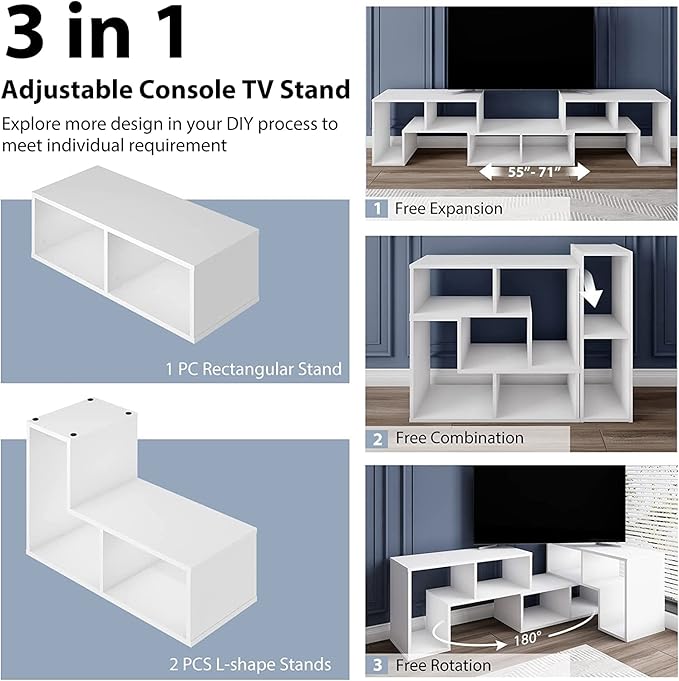 Modern Multimedia Furniture DIY Open Bookcase Shelf for Storage and Display, Suitable for Living Room Bedroom 3 Pieces Console TV Stand, White - LeafyLoom