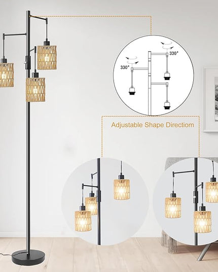 Floor Lamps for Living Room,3 Light Rattan Standing Tall Lamp with Foot Switch & Sturdy Base,Farmhouse Rustic Tree Black Vintage Floor Lamp for Bedroom Office - LeafyLoom