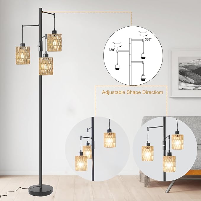 Floor Lamps for Living Room,3 Light Rattan Standing Tall Lamp with Foot Switch & Sturdy Base,Farmhouse Rustic Tree Black Vintage Floor Lamp for Bedroom Office - LeafyLoom
