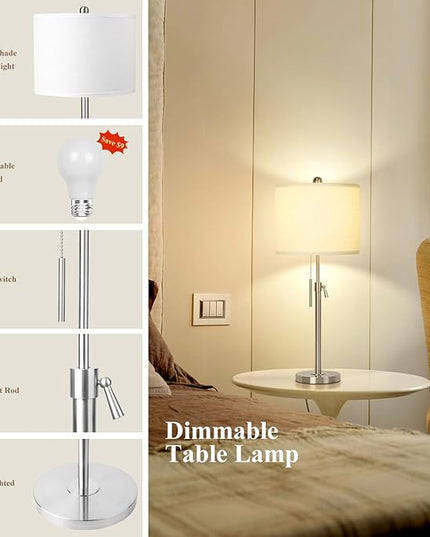 Brushed Nickel Table Lamps Set of 2: 22" to 30" Height Adjustable Nightstand Lamps with White Linen Shade | Pull Chain Switch | Silver Pole Beside Lamp for Living Room Bedroom - LeafyLoom