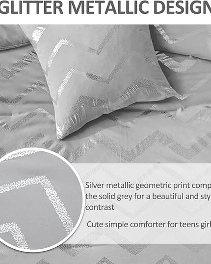 Grey and Silver Comforter Set Queen Metallic Print Geometric Bedding Set, 4 Pieces Lightweight Microfiber Bed Set for Teen Kids Boys (2 Pillow Shams + 1 Decorative Pillow Sham) - LeafyLoom