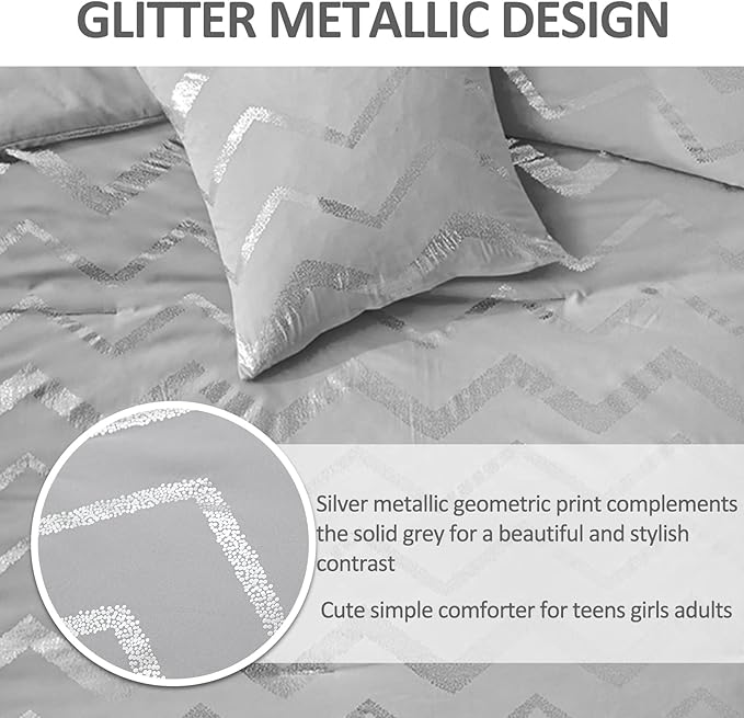 Grey and Silver Comforter Set Queen Metallic Print Geometric Bedding Set, 4 Pieces Lightweight Microfiber Bed Set for Teen Kids Boys (2 Pillow Shams + 1 Decorative Pillow Sham) - LeafyLoom