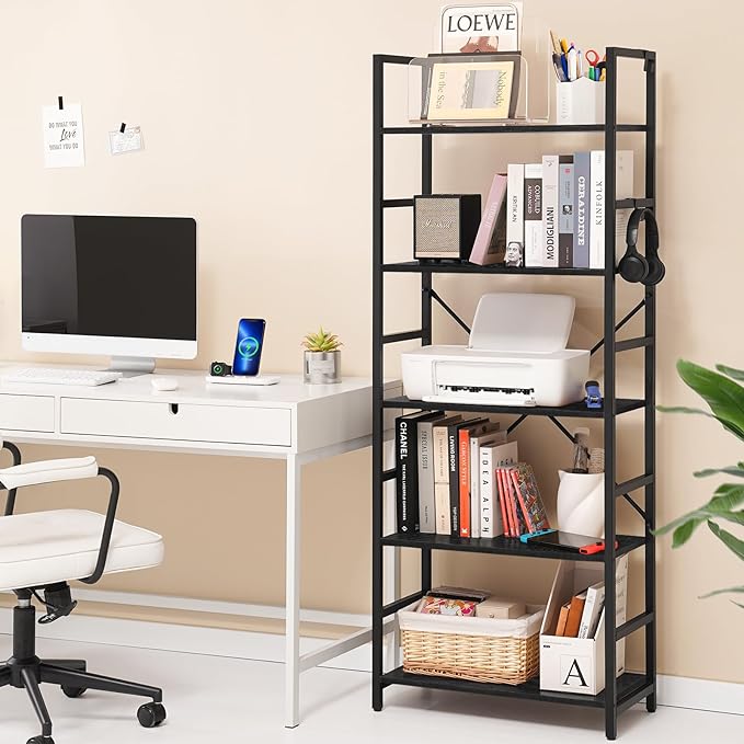 Yoobure 5 Tier Bookshelf - Tall Book Shelf Modern Bookcase for CDs/Movies/Books, Rustic Book Case Industrial Bookshelves Book Storage Organizer for Bedroom Home Office Living Room Black - LeafyLoom