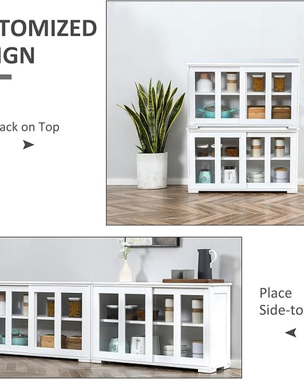HOMCOM Sideboard Buffet Cabinet, Stackable Credenza, Coffee Bar Cabinet with Sliding Glass Door and Adjustable Shelf, White - LeafyLoom