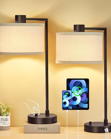 Luvkczc Table Lamp for Bedroom Set of 2 with USB C+A Ports - Fully Stepless Dimmable Bedside Lamp with Linen Lampshade - Contemporary Lamp for Living Room Reading Office, 2 Bulbs Included (Red Brown) - LeafyLoom