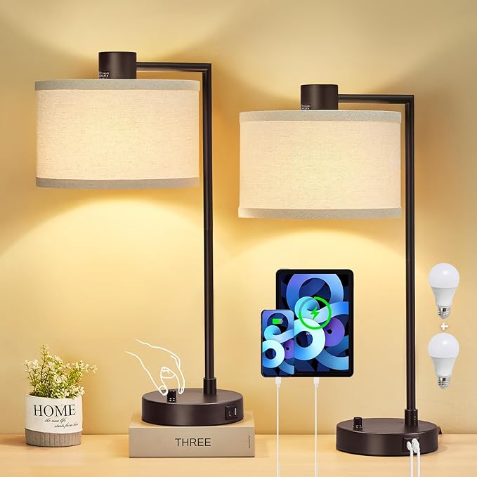 Luvkczc Table Lamp for Bedroom Set of 2 with USB C+A Ports - Fully Stepless Dimmable Bedside Lamp with Linen Lampshade - Contemporary Lamp for Living Room Reading Office, 2 Bulbs Included (Red Brown) - LeafyLoom