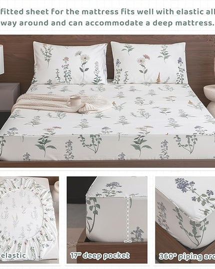 QSH Floral Queen Size Sheet Sets - 100% Egyptian Cotton Sheets Elegant Flower Pattern Printed Bedding Sheets Queen Size Bed Extra Soft and Breathable 4pcs Deep Pockets Bed Sheets - LeafyLoom