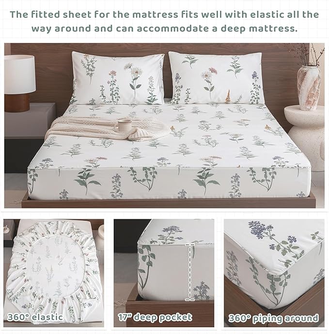 QSH Floral Queen Size Sheet Sets - 100% Egyptian Cotton Sheets Elegant Flower Pattern Printed Bedding Sheets Queen Size Bed Extra Soft and Breathable 4pcs Deep Pockets Bed Sheets - LeafyLoom