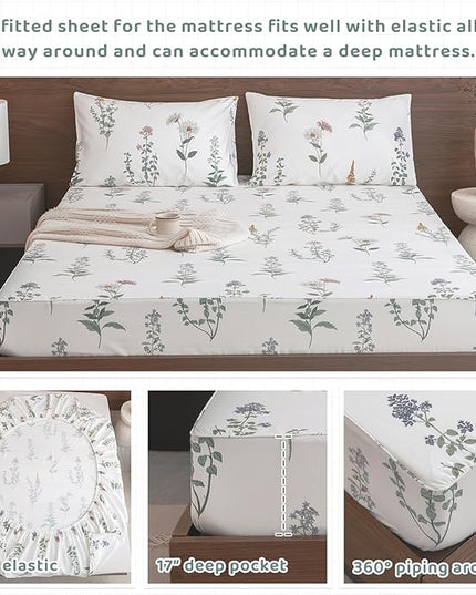 QSH Floral King Size Sheet Sets - 100% Egyptian Cotton Floral Bedding Sheets Flower Pattern Printed Bedding King Size Bed Sheets 17.5" Extra Deep Pocket 4pcs - LeafyLoom