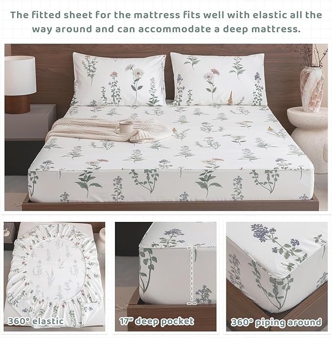 QSH Floral King Size Sheet Sets - 100% Egyptian Cotton Floral Bedding Sheets Flower Pattern Printed Bedding King Size Bed Sheets 17.5" Extra Deep Pocket 4pcs - LeafyLoom